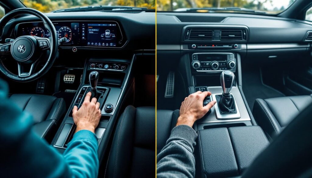 interior de coche con comparativa de controles y manos sobre palanca de cambios