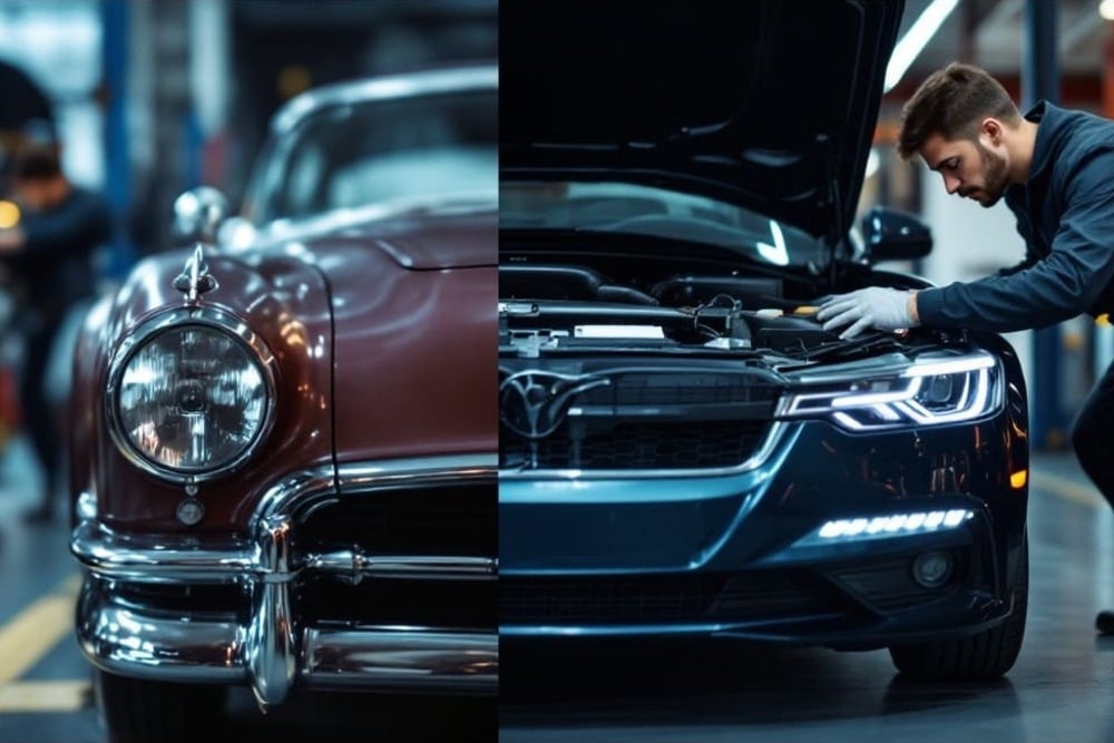 mecanico inspeccionando coche clasico en taller con luces de servicio