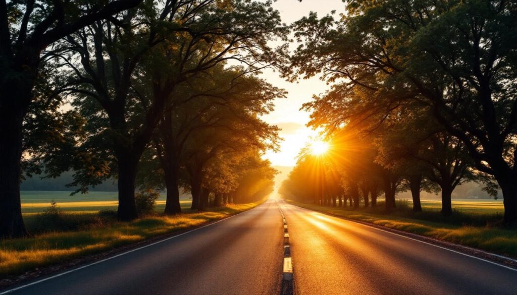 carretera al atardecer entre arboles