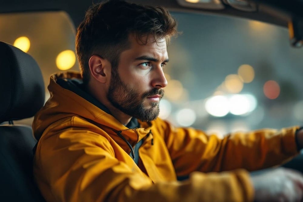hombre con chaqueta amarilla conduciendo coche de noche con luces en fondo