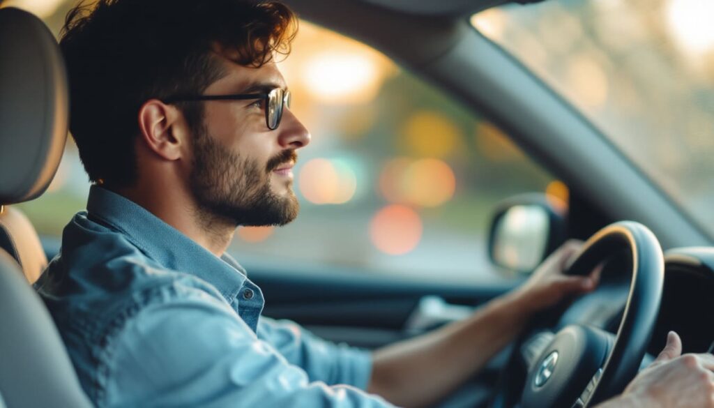 hombre con gafas conduciendo coche en ambiente urbano con luces bokeh