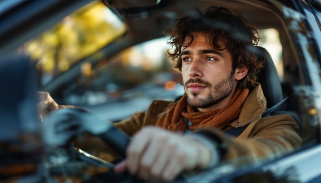 hombre joven con cabello rizado conduciendo coche en calle urbana de dia