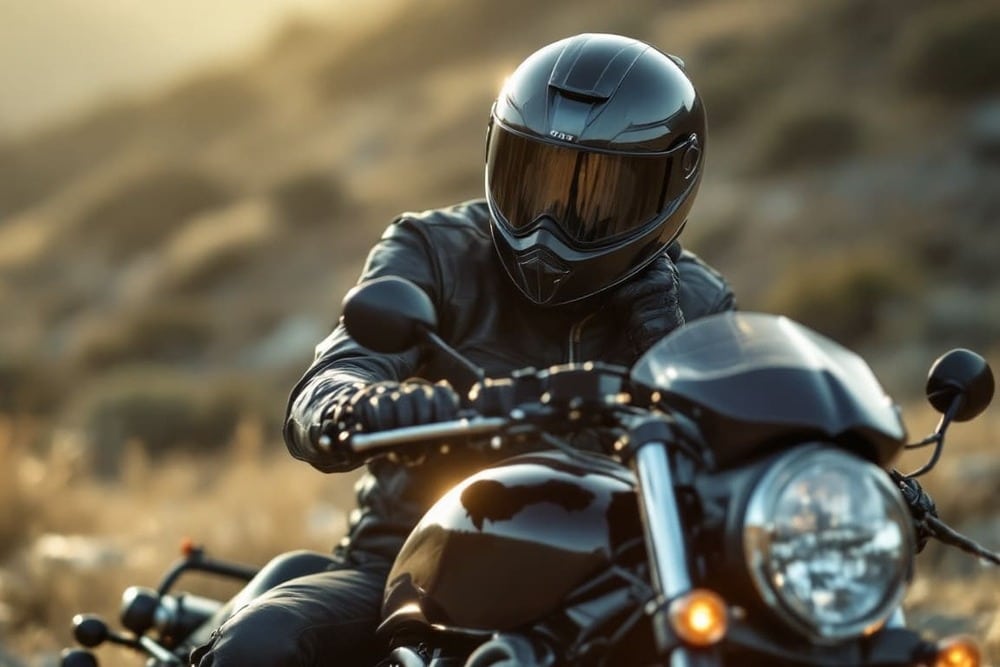 motociclista con casco y chaqueta de cuero montando moto en carretera al aire libre en ambiente natural durante atardecer