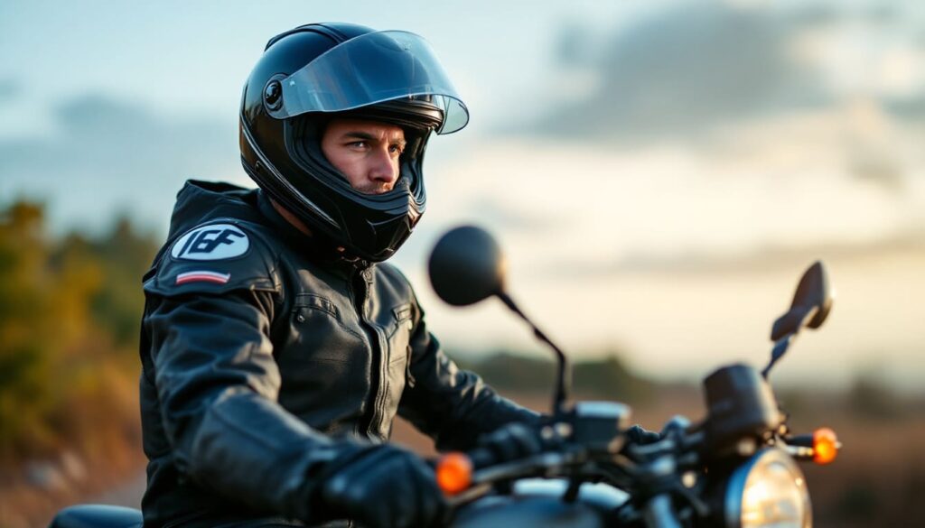 motociclista joven con casco y chaqueta de cuero en moto en carretera con luz de atardecer y paisaje natural