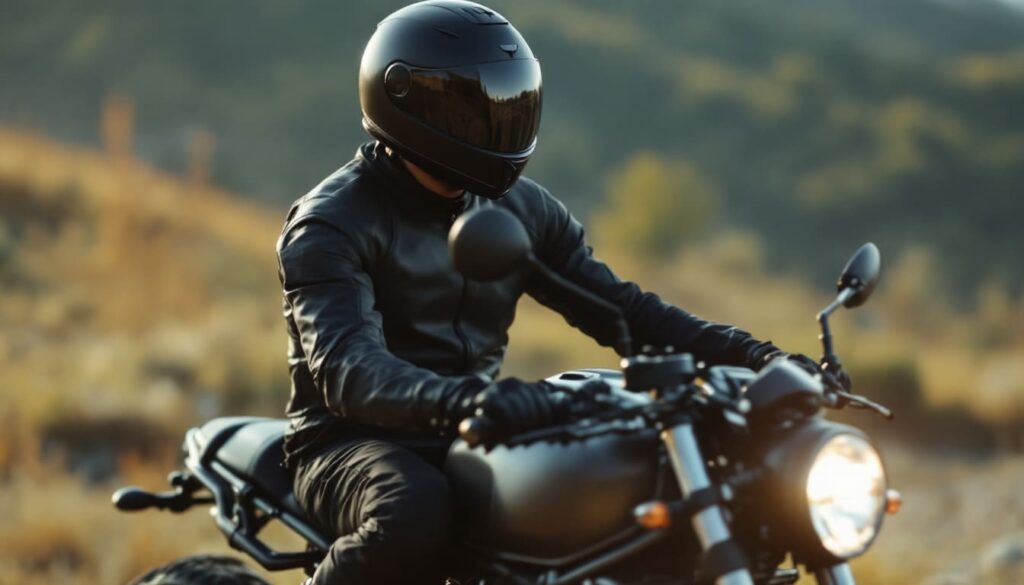 motociclista vistiendo equipacion negra y casco montando moto de carrera en carretera con fondo de montanas