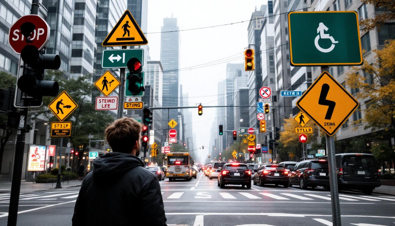 A photograph of a busy intersection featuring a variety of confusing traffic signs