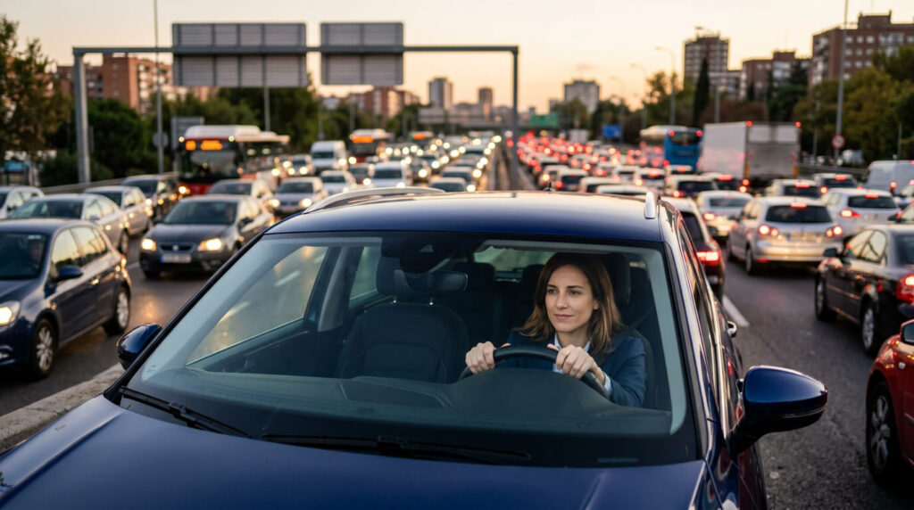 mujer conduciendo en tráfico