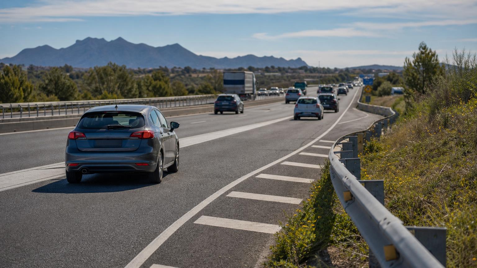 Grey car driving on a multi-lane highway merging lane with mountains in the background under a clear blue sky. Grey car driving on a multi-lane highway merging lane with mountains in the background under a clear blue sky.