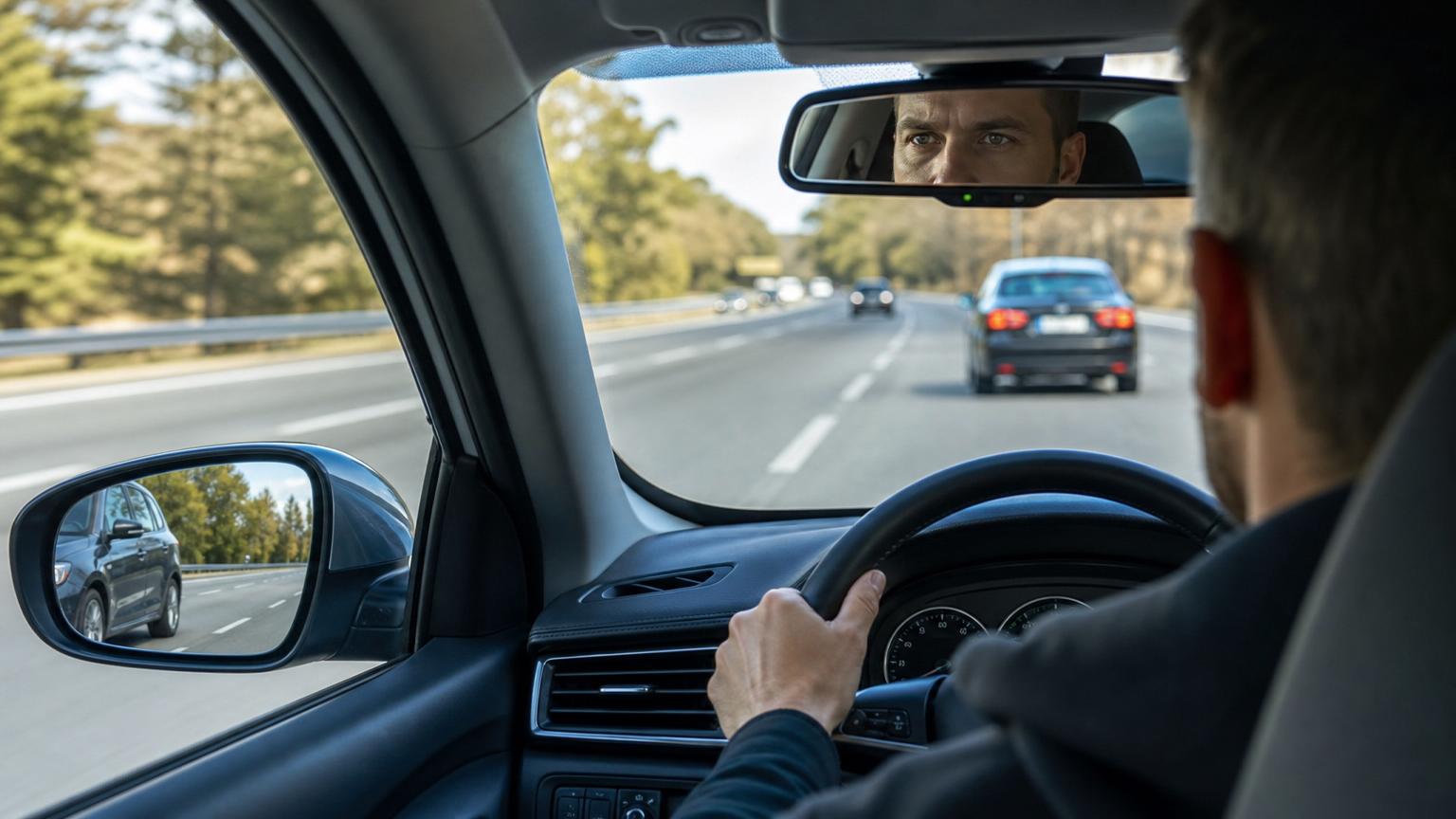 Driver’s perspective inside a car on a highway, showing the rearview and side mirrors reflecting traffic while approaching a lane change. Driver's perspective inside a car on a highway, showing the rearview and side mirrors reflecting traffic while approaching a lane change.