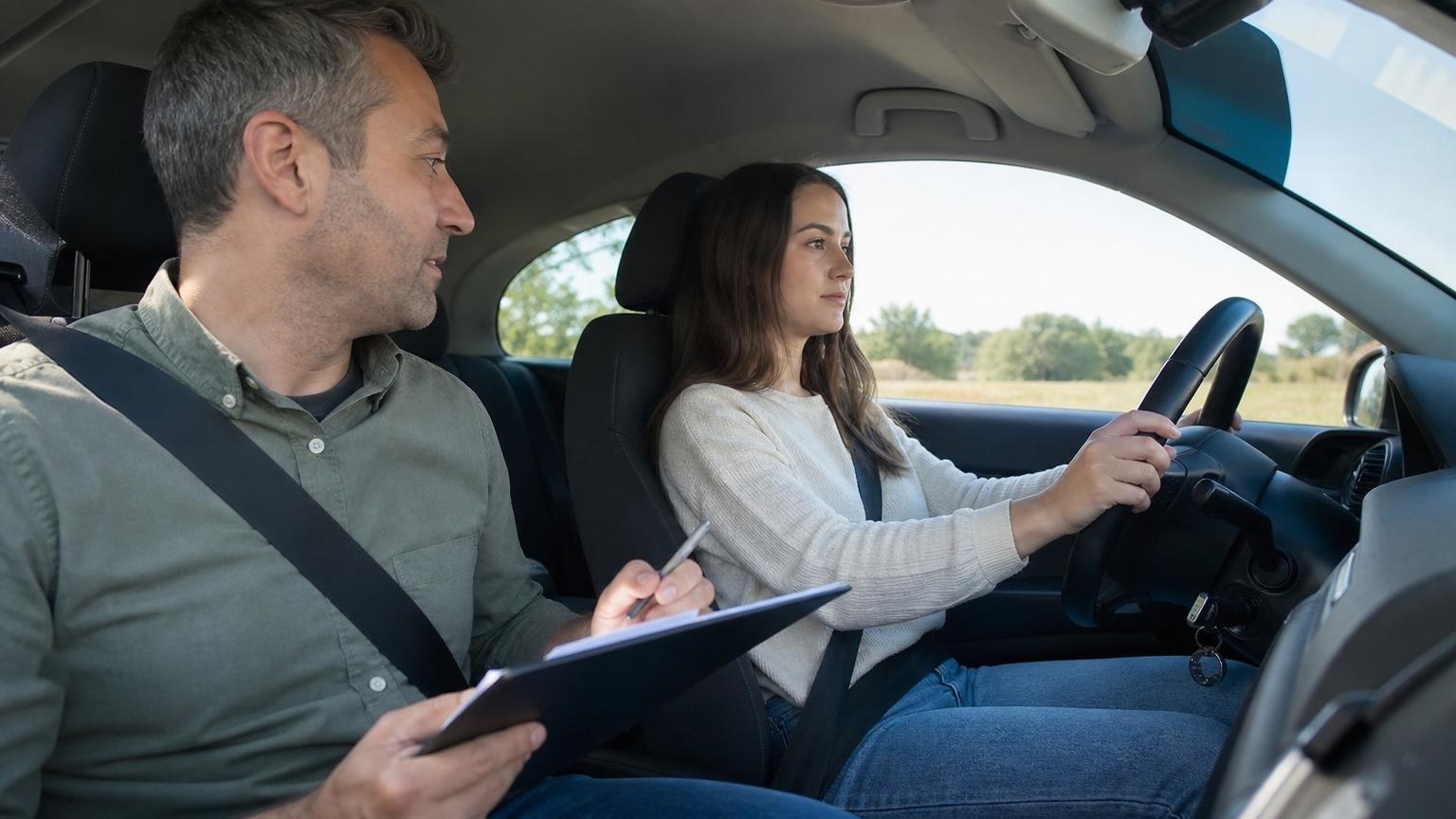 Young woman driving a car during a lesson while a male instructor in the passenger seat takes notes on a clipboard. Young woman driving a car during a lesson while a male instructor in the passenger seat takes notes on a clipboard.