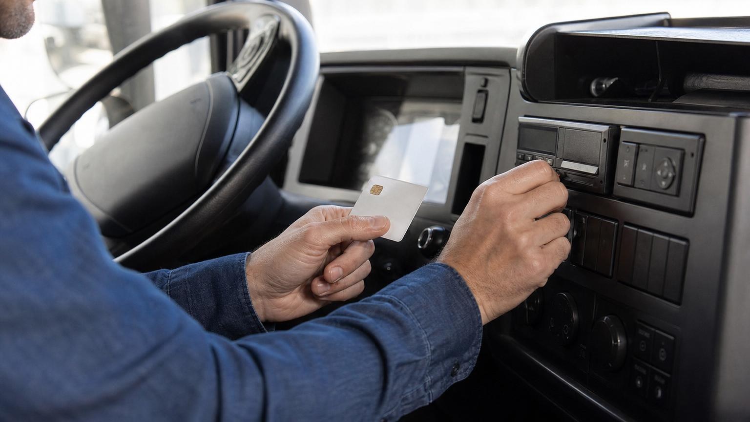 Truck driver in a blue shirt inserting a white digital tachograph smart card into the dashboard reader of a vehicle. Truck driver in a blue shirt inserting a white digital tachograph smart card into the dashboard reader of a vehicle.