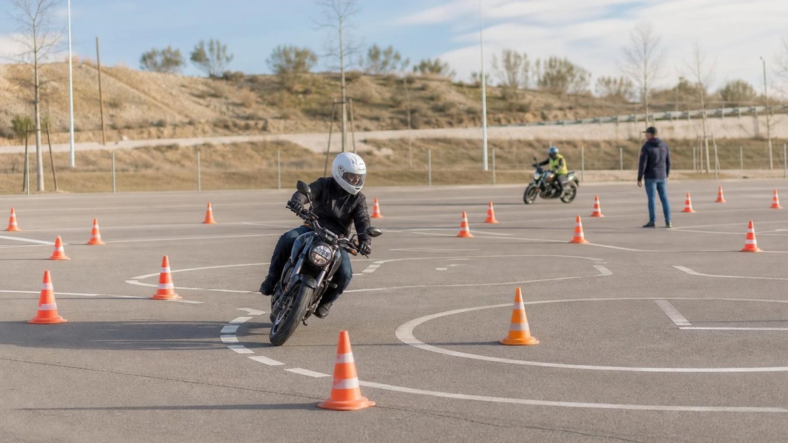 Motorcyclist in a white helmet practicing maneuvers through orange cones on a paved closed circuit course during an A2 license exam. Motorcyclist in a white helmet practicing maneuvers through orange cones on a paved closed circuit course during an A2 license exam.